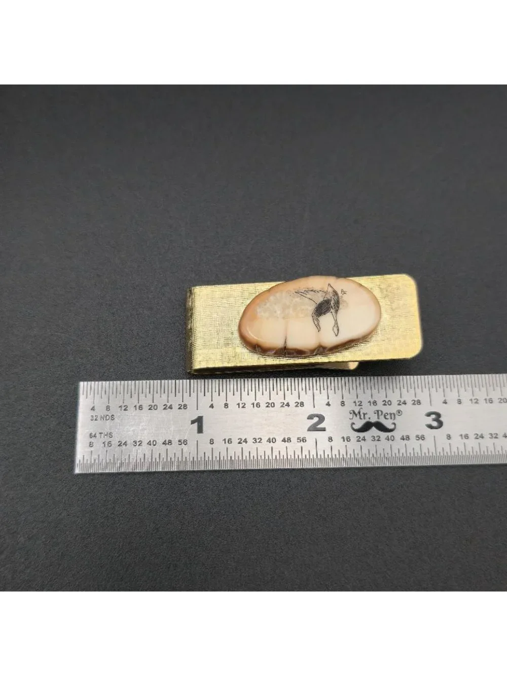 Vintage Alaskan Fossil Walrus Scrimshaw Bird Flying Brass Money Clip B1418